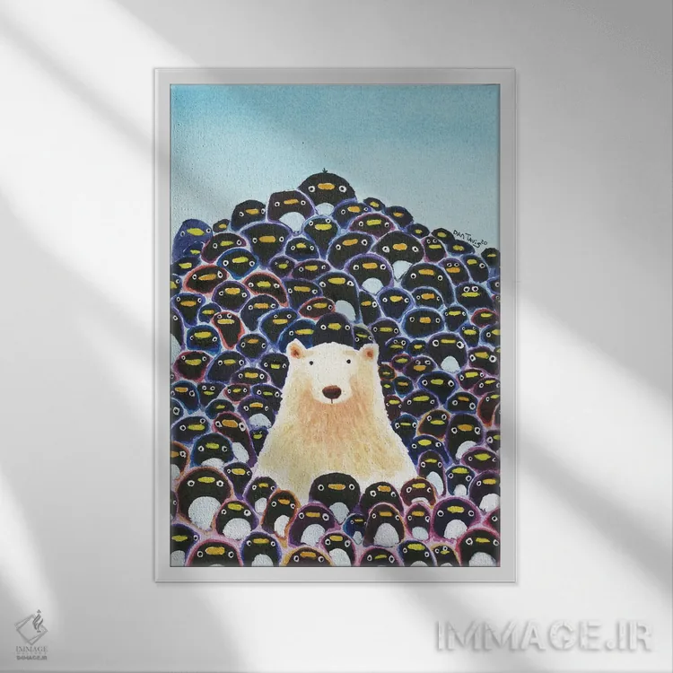 تابلو دکوراتیو خرس قطبی و پنگوئن ها اثر دن تاویس - نمای قابدار سفید