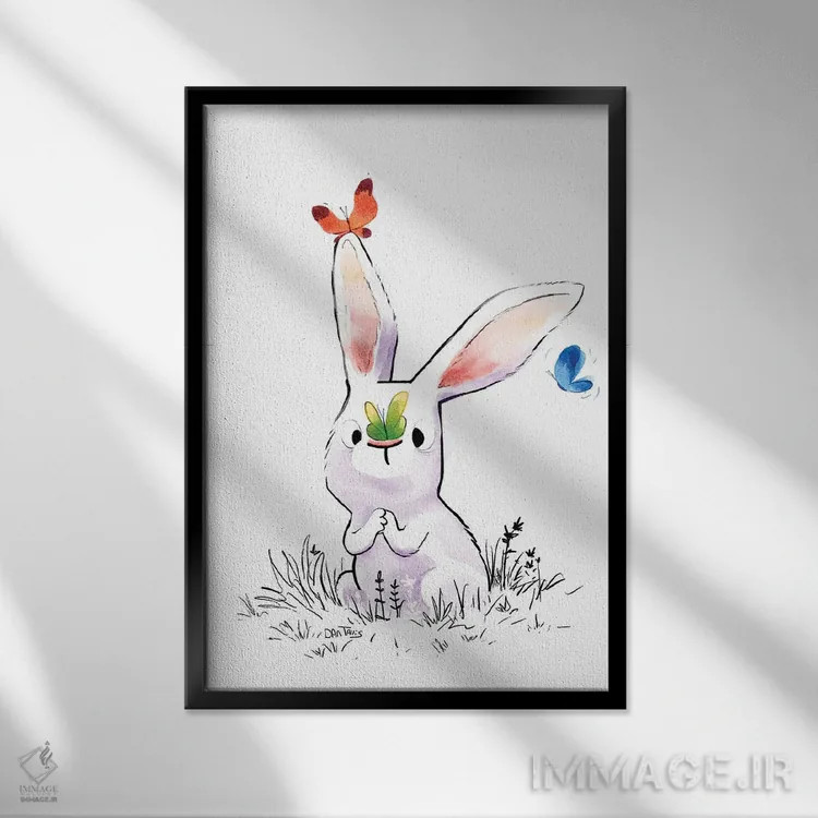 تابلو دکوراتیو خرگوش و سه پروانه اثر دن تاویس - نمای قابدار مشکی