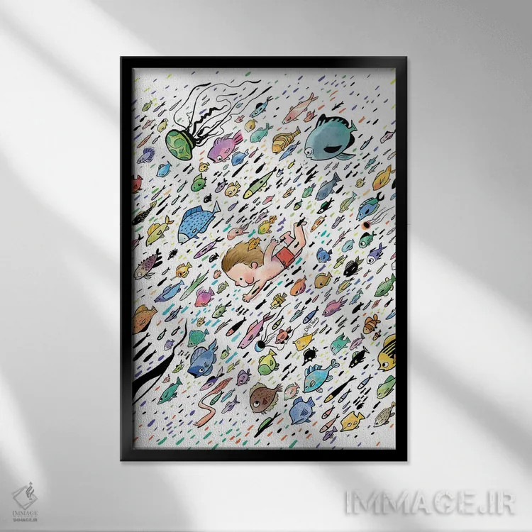 تابلو دکوراتیو ماهی و دوستش اثر دن تاویس - نمای قابدار مشکی