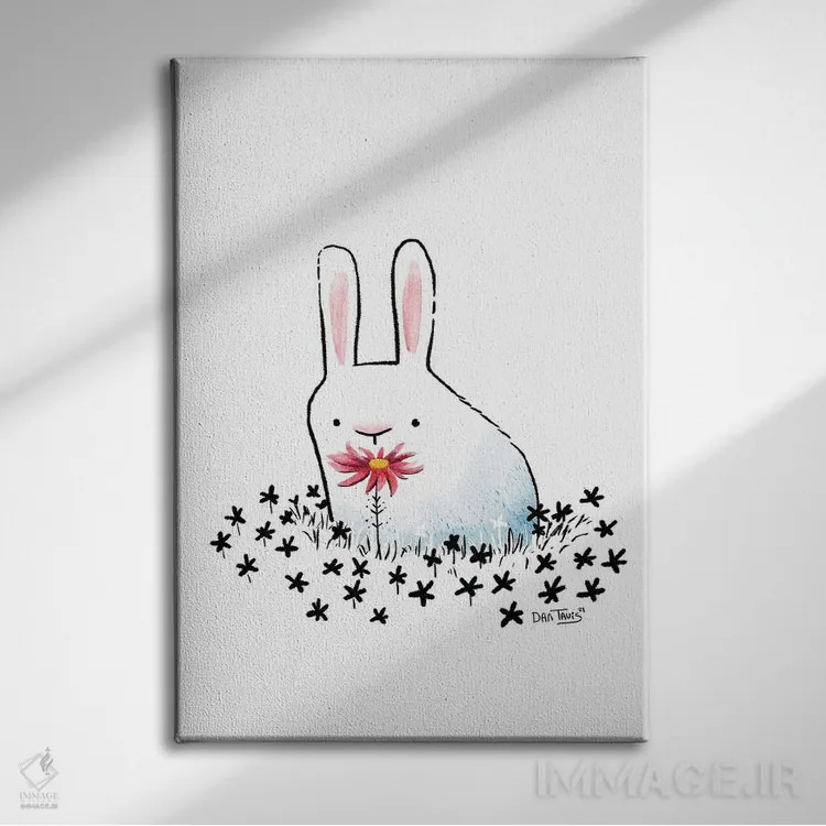 تابلو دکوراتیو خرگوش و گل اثر دن تاویس - نمای روبهرو روی دیوار