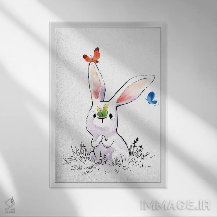 تابلو دکوراتیو خرگوش و سه پروانه اثر دن تاویس - نمای قابدار سفید
