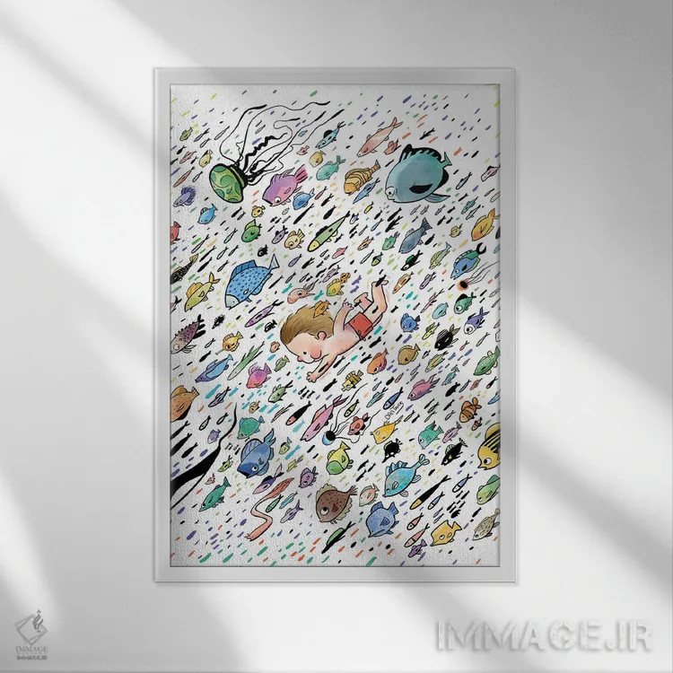 تابلو دکوراتیو ماهی و دوستش اثر دن تاویس - نمای قابدار سفید