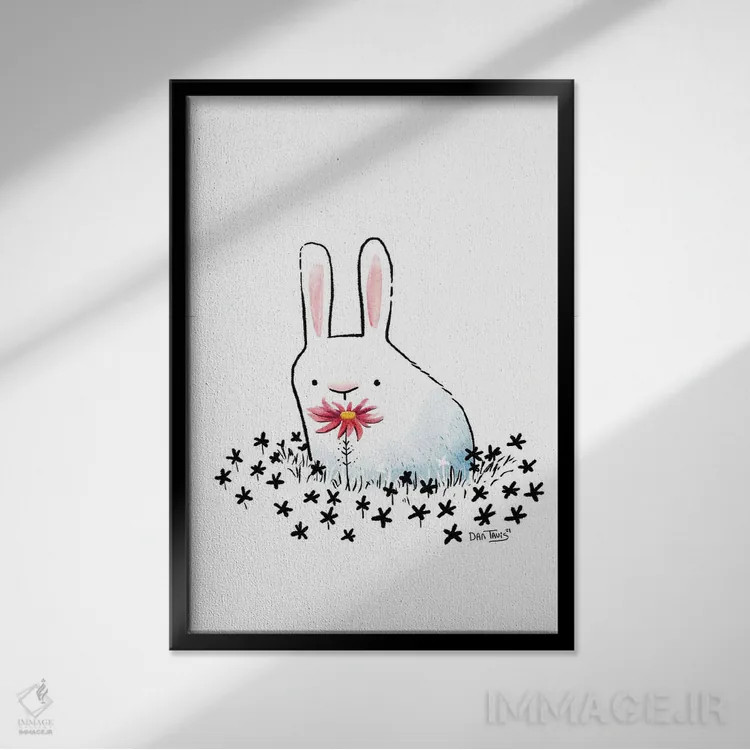 تابلو دکوراتیو خرگوش و گل اثر دن تاویس - نمای قابدار مشکی