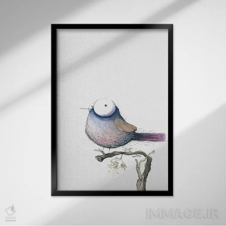 تابلو دکوراتیو پرنده چش درشت اثر دن تاویس - نمای قابدار مشکی