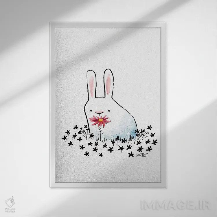 تابلو دکوراتیو خرگوش و گل اثر دن تاویس - نمای قابدار سفید