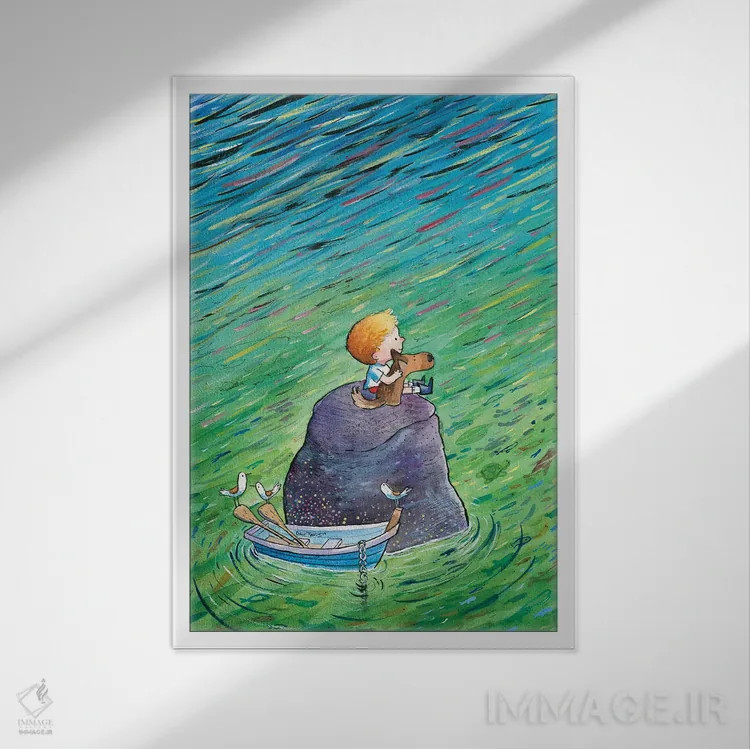 تابلو دکوراتیو سگ و بهترین دوستش اثر دن تاویس - نمای قابدار سفید