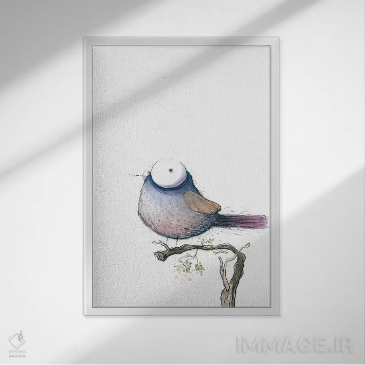 تابلو دکوراتیو پرنده چش درشت اثر دن تاویس - نمای قابدار سفید