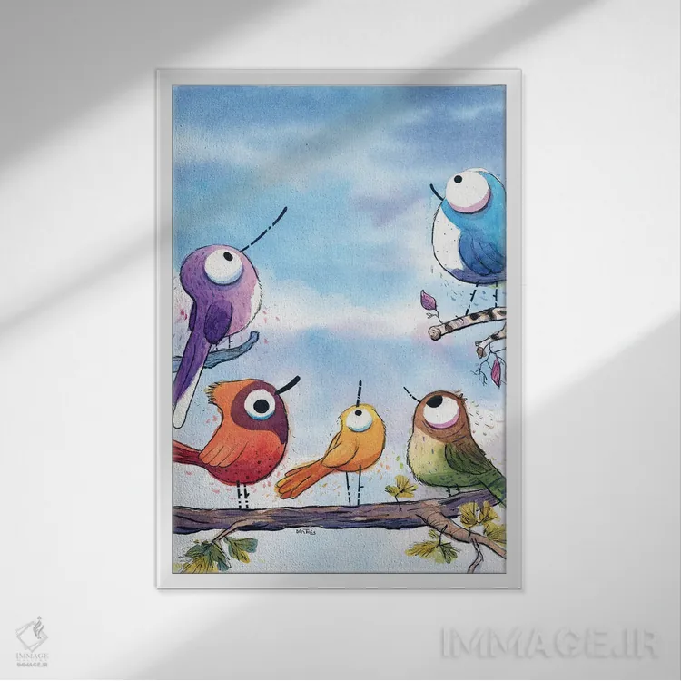 تابلو دکوراتیو همه جا پرنده است اثر دن تاویس - نمای قابدار سفید