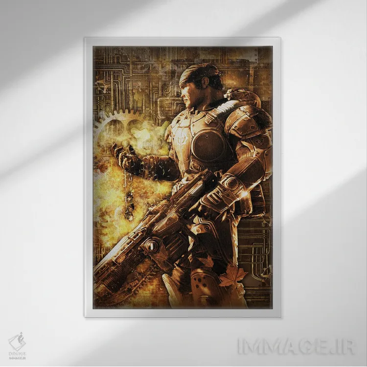 تابلو دکوراتیو چرخ دنده های جنگ استیم پانک اثر دورو آرت - نمای قابدار سفید