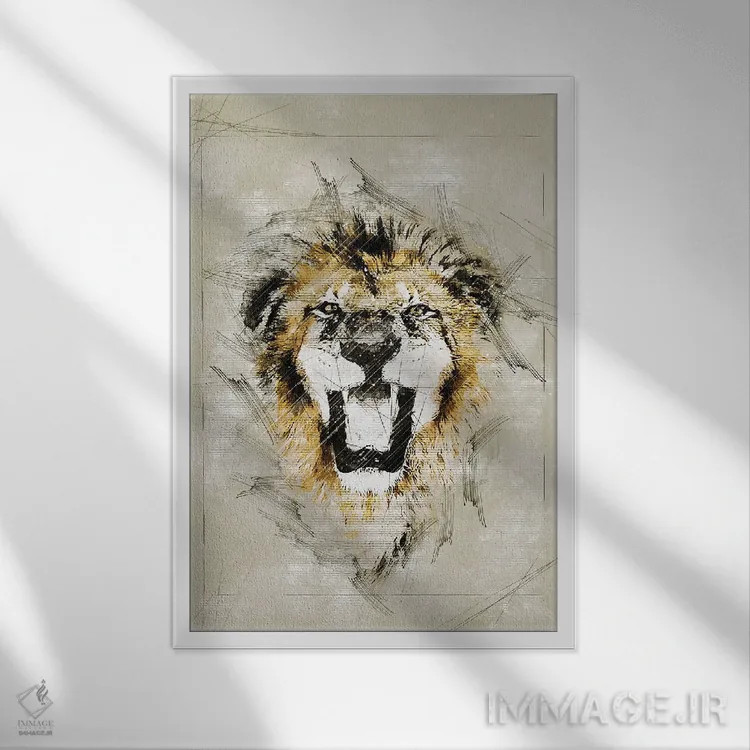 تابلو دکوراتیو طرح شیر اثر دورو آرت - نمای قابدار سفید