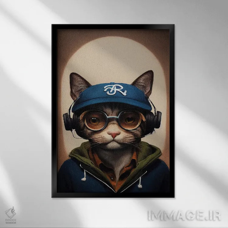 تابلو دکوراتیو گربه هیپستر اثر دورو آرت - نمای قابدار مشکی