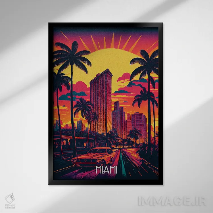 تابلو دکوراتیو شهر میامی اثر دورو آرت - نمای قابدار مشکی