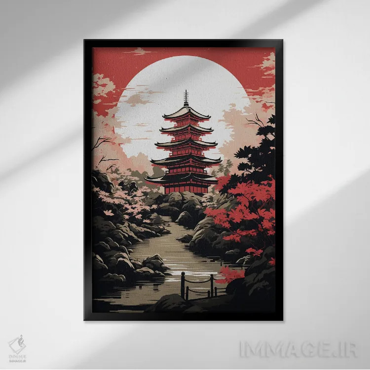 تابلو دکوراتیو پاگودای ژاپنی اثر دورو آرت - نمای قابدار مشکی