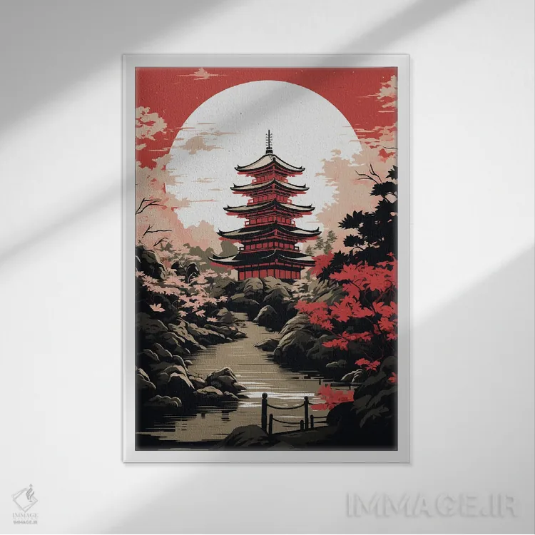 تابلو دکوراتیو پاگودای ژاپنی اثر دورو آرت - نمای قابدار سفید
