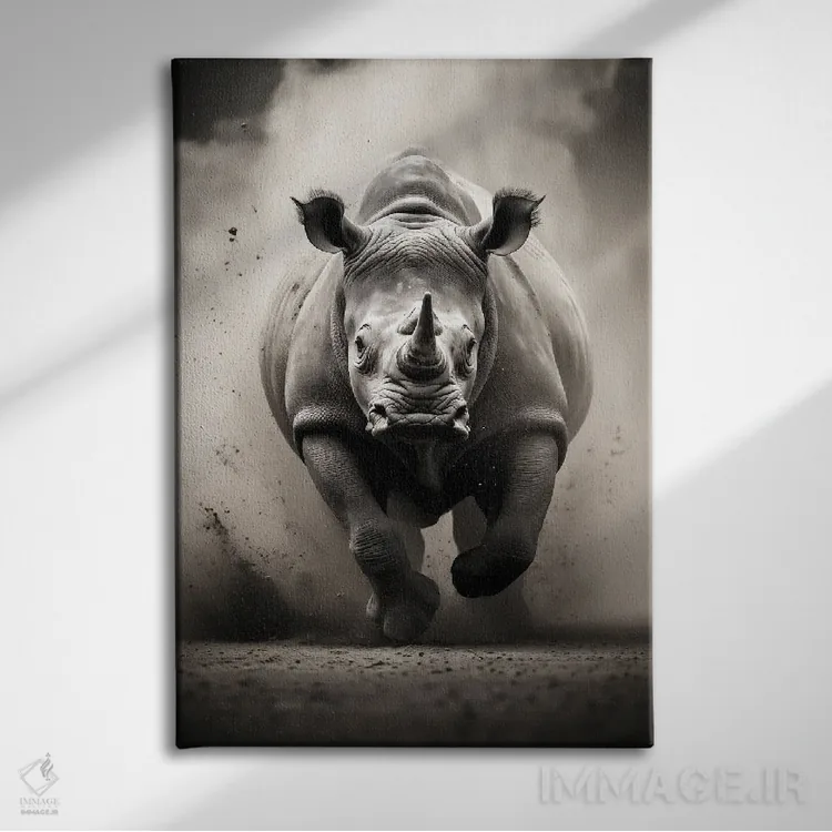 تابلو دکوراتیو کرگدن مشکی اثر دورو آرت - نمای روبهرو روی دیوار