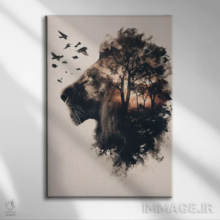 تابلو دکوراتیو شیر دابل اکسپوژر اثر دورو آرت - نمای روبهرو روی دیوار