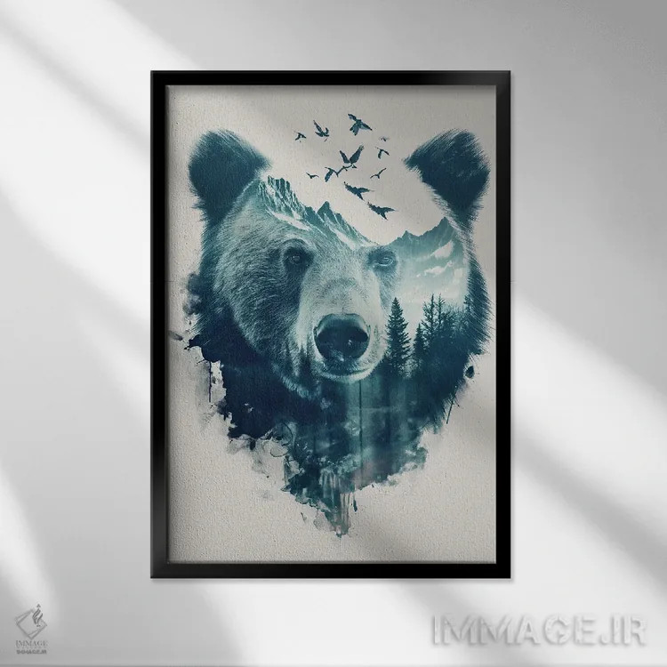 تابلو دکوراتیو خرس دابل اکسپوژر اثر دورو آرت - نمای قابدار مشکی