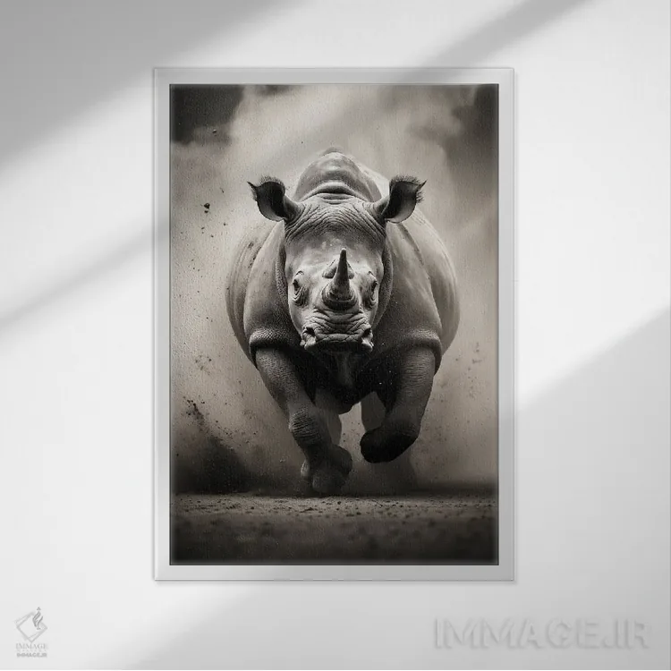 تابلو دکوراتیو کرگدن مشکی اثر دورو آرت - نمای قابدار سفید