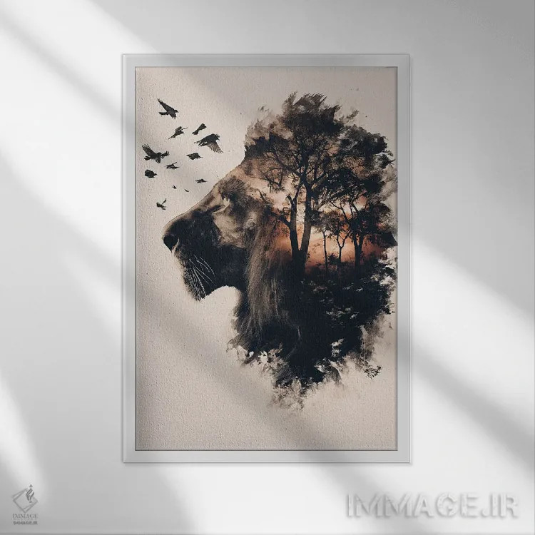 تابلو دکوراتیو شیر دابل اکسپوژر اثر دورو آرت - نمای قابدار سفید