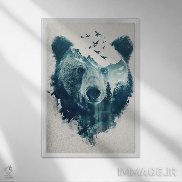 تابلو دکوراتیو خرس دابل اکسپوژر اثر دورو آرت - نمای قابدار سفید