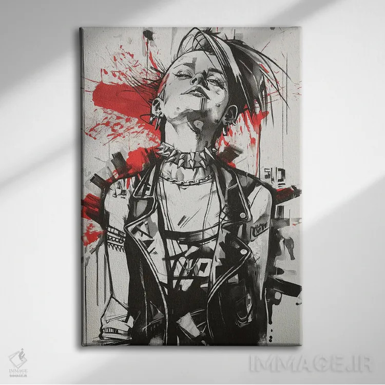 تابلو دکوراتیو زن پانک با جوهر سیاه اثر دورو آرت - نمای روبهرو روی دیوار