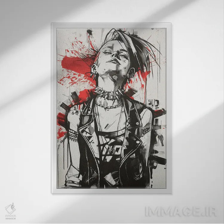 تابلو دکوراتیو زن پانک با جوهر سیاه اثر دورو آرت - نمای قابدار سفید