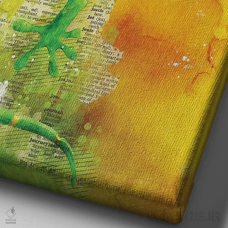 تابلو دکوراتیو مارمولک سبز اثر دورو آرت - نمای نزدیک بافت بوم