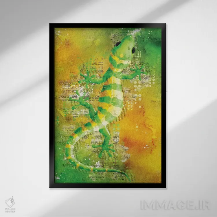 تابلو دکوراتیو مارمولک سبز اثر دورو آرت - نمای قابدار مشکی