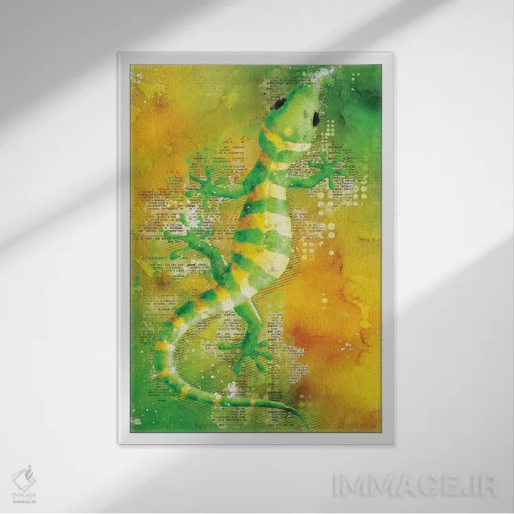 تابلو دکوراتیو مارمولک سبز اثر دورو آرت - نمای قابدار سفید