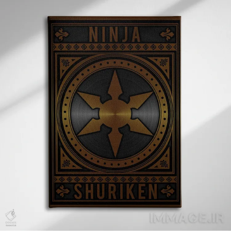 تابلو انتزاعی شوریکن نینجا طلایی اثر دورو آرت - نمای روبهرو روی دیوار