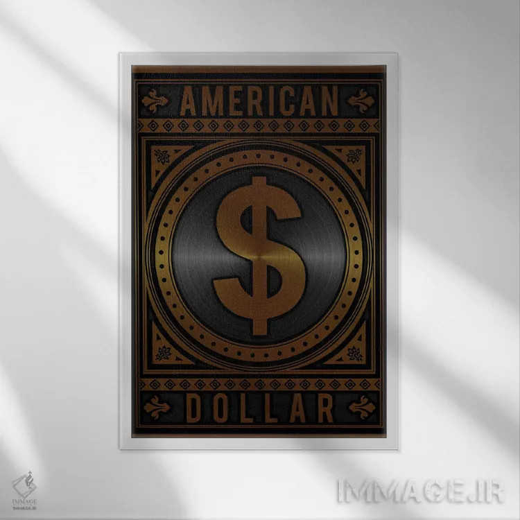 تابلو انتزاعی دلار آمریکایی طلایی اثر دورو آرت - نمای قابدار سفید