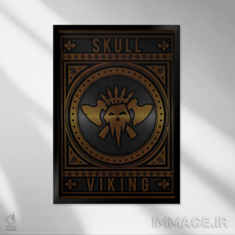 تابلو انتزاعی جمجمه وایکینگ طلایی اثر دورو آرت - نمای قابدار مشکی