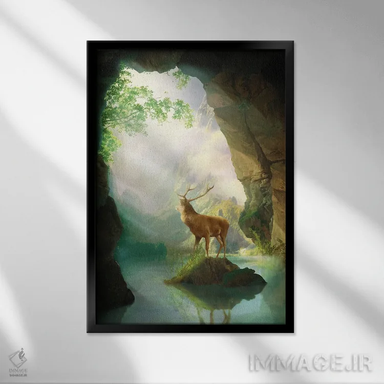 تابلو دکوراتیو طلوع گوزنی اثر دیوگو وریسی مو - نمای قابدار مشکی