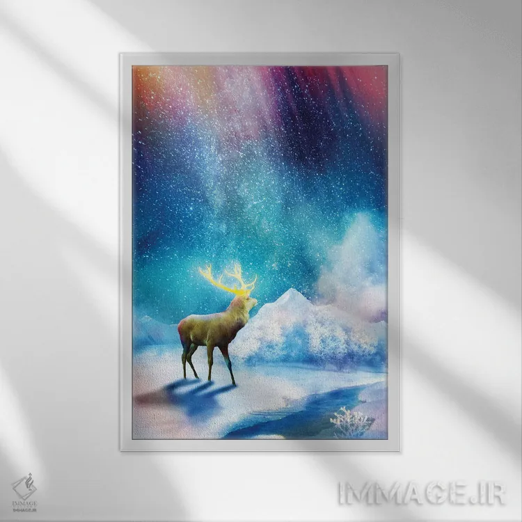 تابلو دکوراتیو شفق قطبی گوزنی اثر دیوگو وریسی مو - نمای قابدار سفید