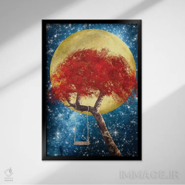 تابلو دکوراتیو تاب بازی زیر مهتاب طلایی اثر دیوگو وریسی مو - نمای قابدار مشکی