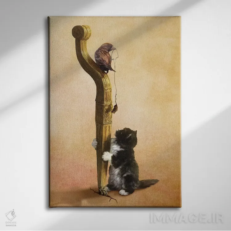تابلو دکوراتیو The Bird, And The Mouse,گربه، پرنده و موش اثر دیوگو وریسی مو - نمای روبهرو روی دیوار