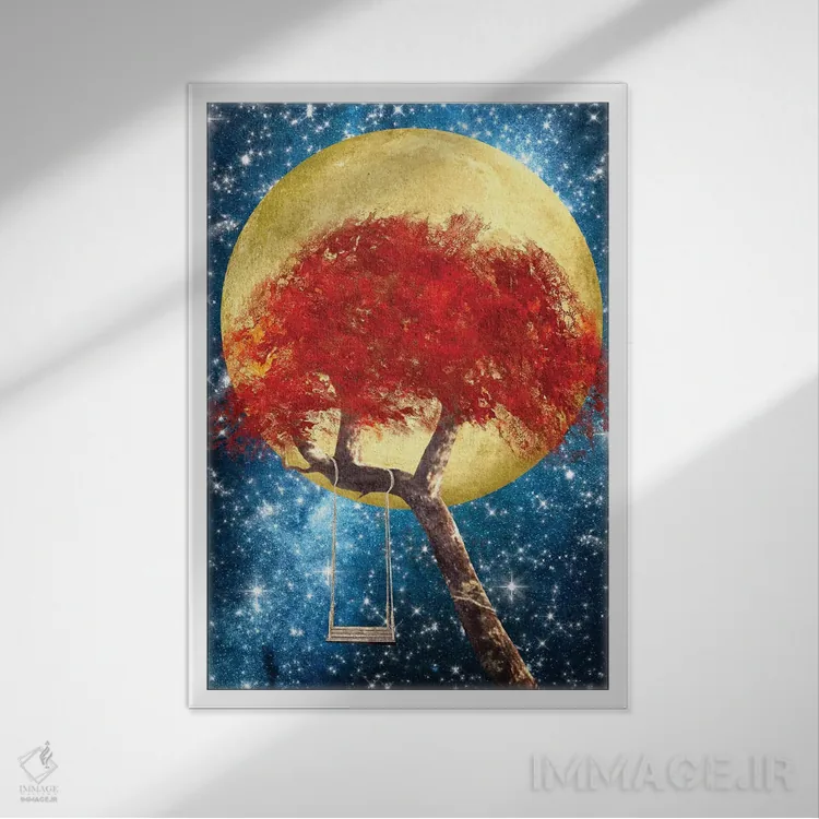 تابلو دکوراتیو تاب بازی زیر مهتاب طلایی اثر دیوگو وریسی مو - نمای قابدار سفید