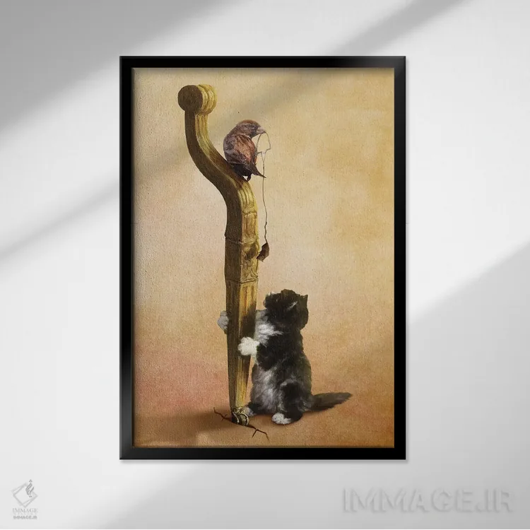 تابلو دکوراتیو The Bird, And The Mouse,گربه، پرنده و موش اثر دیوگو وریسی مو - نمای قابدار مشکی