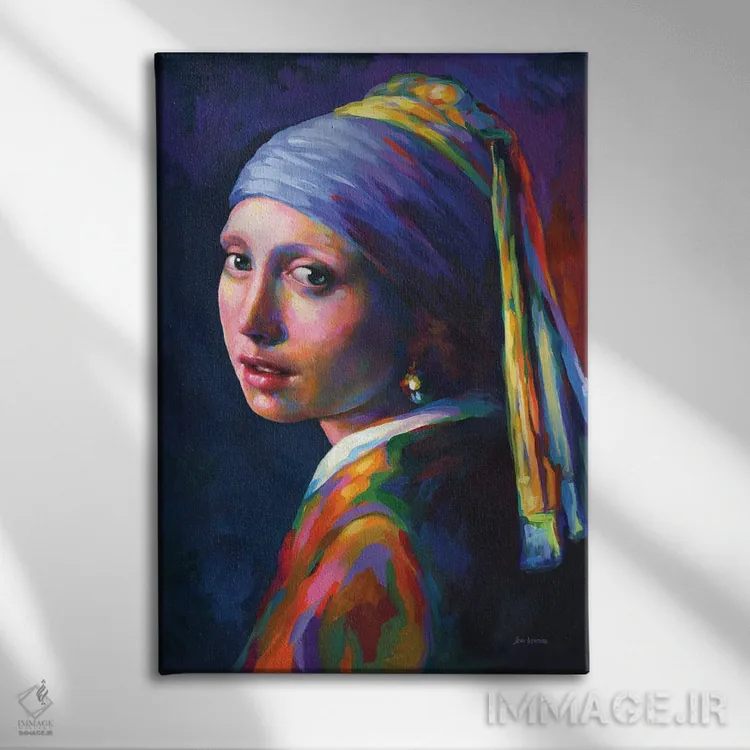 تابلو دکوراتیو دختر با گوشواره مروارید، ادای احترام به ورمیر اثر لئون دوونیس - نمای روبهرو روی دیوار