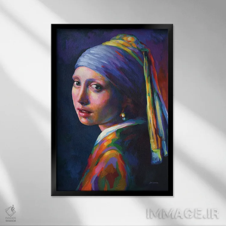 تابلو دکوراتیو دختر با گوشواره مروارید، ادای احترام به ورمیر اثر لئون دوونیس - نمای قابدار مشکی