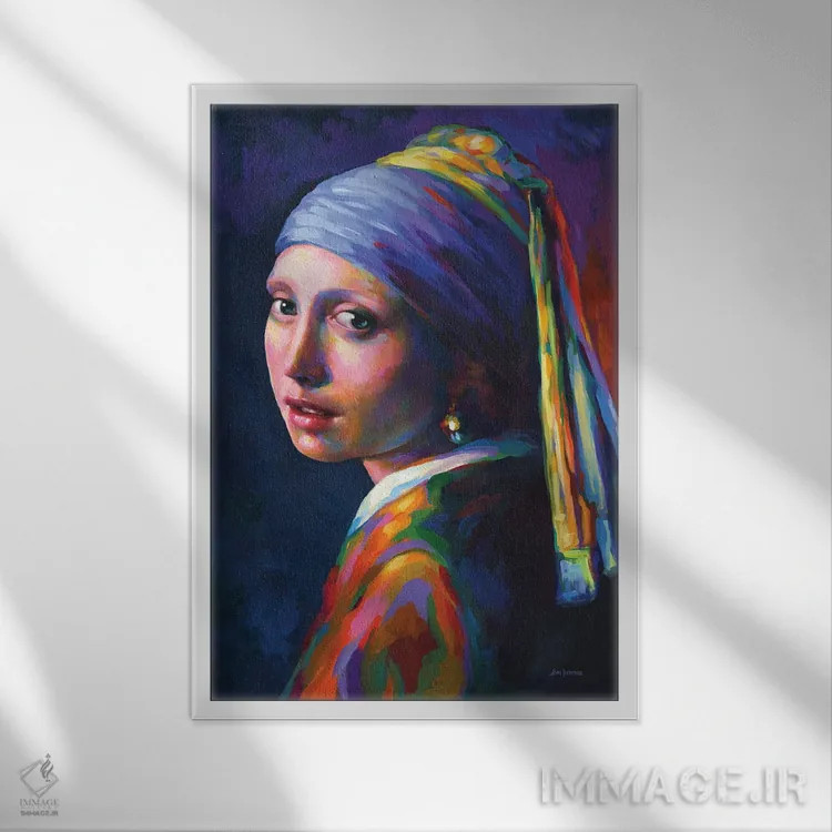 تابلو دکوراتیو دختر با گوشواره مروارید، ادای احترام به ورمیر اثر لئون دوونیس - نمای قابدار سفید