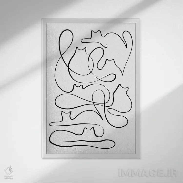 تابلو مینیمال خط نگاری سیلوئت گربه اثر دومینیک واری - نمای قابدار سفید