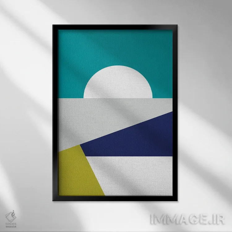 تابلو انتزاعی هندسه آبی مدرن میان قرن اثر دومینیک واری - نمای قابدار مشکی