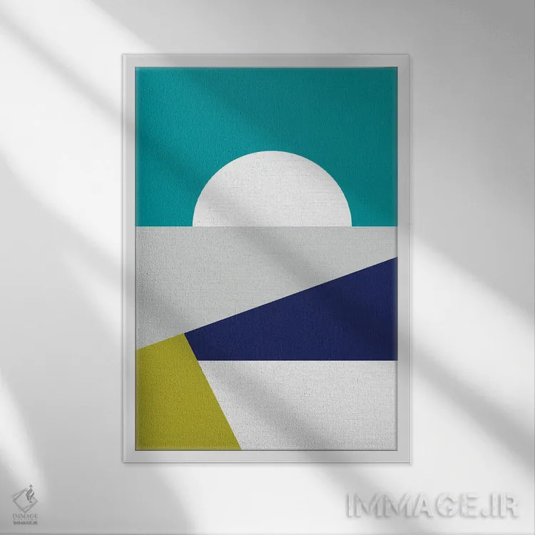 تابلو انتزاعی هندسه آبی مدرن میان قرن اثر دومینیک واری - نمای قابدار سفید