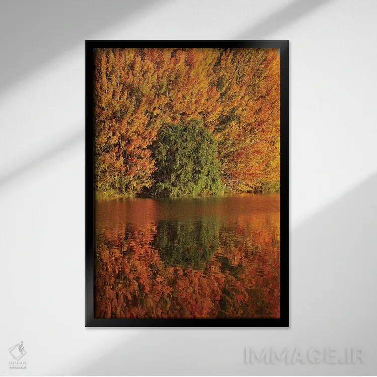 تابلو دکوراتیو انعکاس پاییزی در برکه کلندز، منطقه ساوت کنتر بری، جزیره جنوبی… اثر دیوید وال - نمای قابدار مشکی