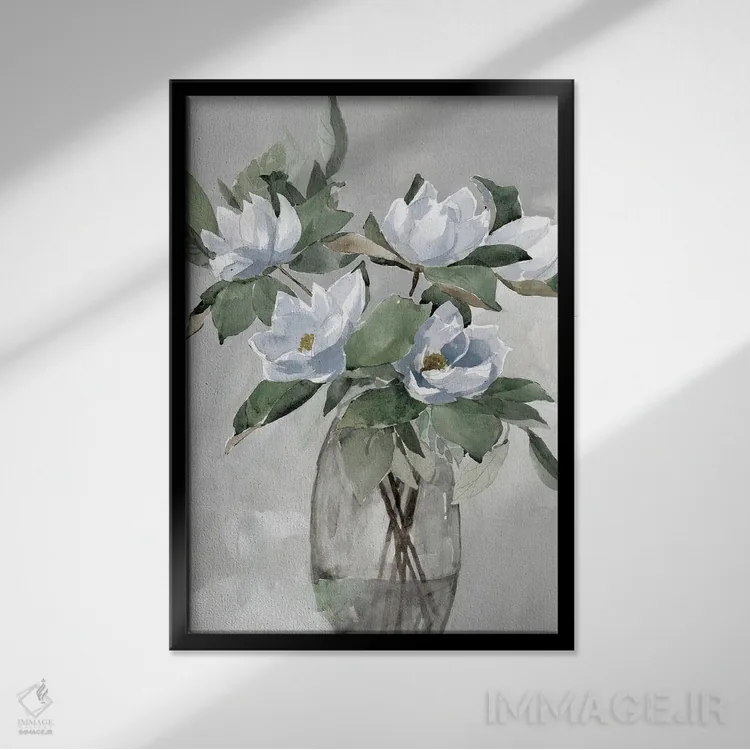 تابلو مدرن طرح گلدار در رنگ خاکستری اثر داگوود پورتفولیو - نمای قابدار مشکی