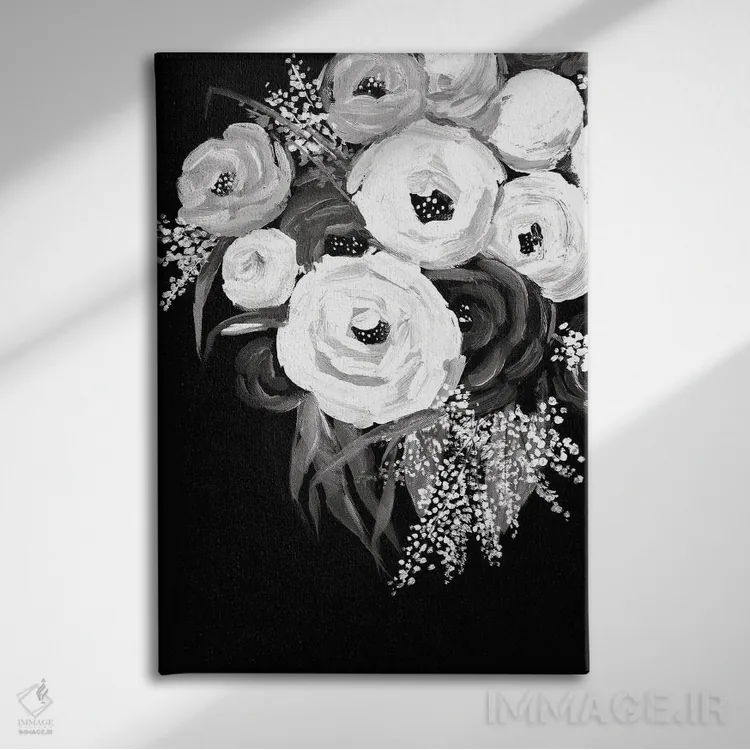 تابلو دکوراتیو طرح گل سیاه و سفید اثر داگوود پورتفولیو - نمای روبهرو روی دیوار