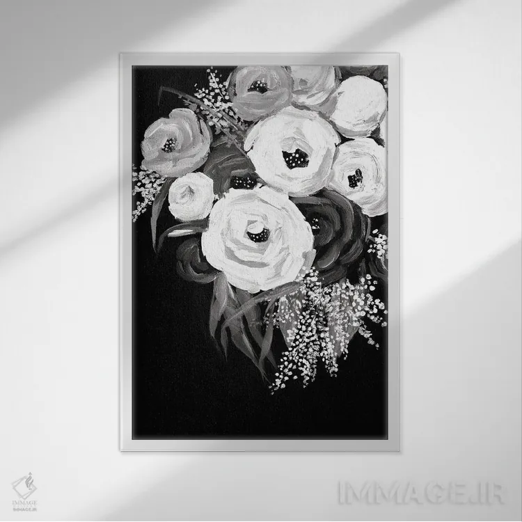 تابلو دکوراتیو طرح گل سیاه و سفید اثر داگوود پورتفولیو - نمای قابدار سفید