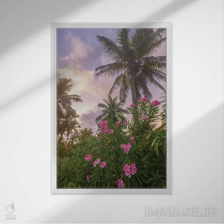 تابلو دکوراتیو طلوع آفتاب در میان نخل ها اثر دارن وایت فوتوگرافی - نمای قابدار سفید