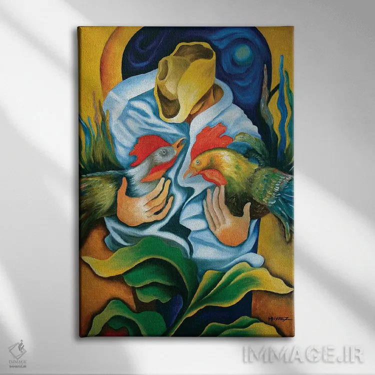 تابلو دکوراتیو گواخیرو با خروس ها اثر دیکسی میگز - نمای روبهرو روی دیوار